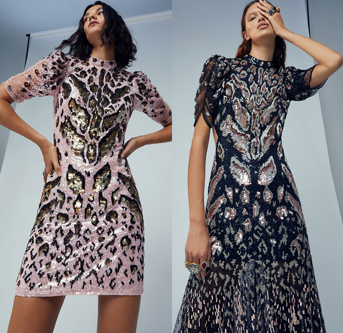 Temperley London 2021 Spring Summer Womens Lookbook Presentation - London Fashion Week Collections UK - Swinging Sixties 1960s Check Plaid Poncho Fedora Poufy Shoulders Blouse Ruffles Pantsuit Blazer Trench Coat Wide Leg Flare Denim Jeans Vest Crossbody Bag Lattice Graph Lace Embroidery Pussycat Bow Butterfly Wings Marble Resin Leopard Cheetah Bedazzled Sequins Sheer Tulle Chiffon Organza Flowers Floral Strapless Prairie Damsel Dress Halterneck Gown Boots Fedora