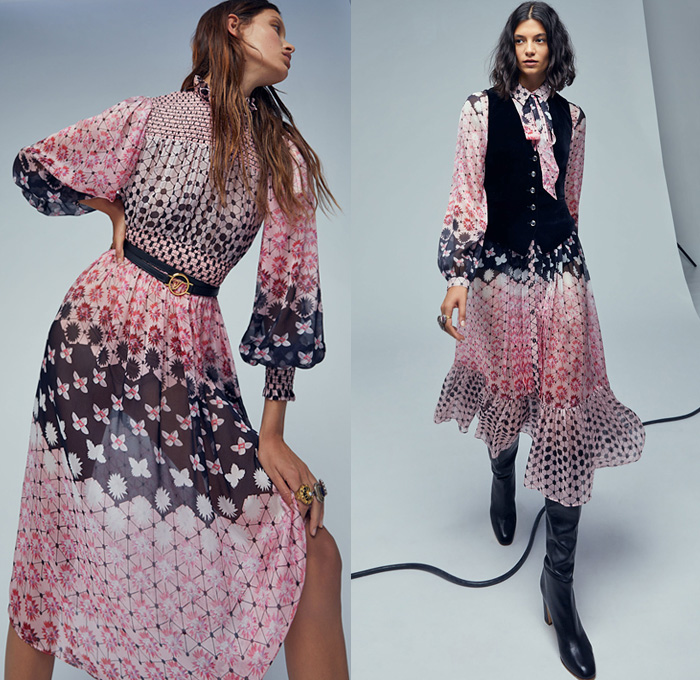 Temperley London 2021 Spring Summer Womens Lookbook Presentation - London Fashion Week Collections UK - Swinging Sixties 1960s Check Plaid Poncho Fedora Poufy Shoulders Blouse Ruffles Pantsuit Blazer Trench Coat Wide Leg Flare Denim Jeans Vest Crossbody Bag Lattice Graph Lace Embroidery Pussycat Bow Butterfly Wings Marble Resin Leopard Cheetah Bedazzled Sequins Sheer Tulle Chiffon Organza Flowers Floral Strapless Prairie Damsel Dress Halterneck Gown Boots Fedora