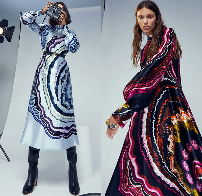 Temperley London 2021 Spring Summer Womens Lookbook Presentation - London Fashion Week Collections UK - Swinging Sixties 1960s Check Plaid Poncho Fedora Poufy Shoulders Blouse Ruffles Pantsuit Blazer Trench Coat Wide Leg Flare Denim Jeans Vest Crossbody Bag Lattice Graph Lace Embroidery Pussycat Bow Butterfly Wings Marble Resin Leopard Cheetah Bedazzled Sequins Sheer Tulle Chiffon Organza Flowers Floral Strapless Prairie Damsel Dress Halterneck Gown Boots Fedora