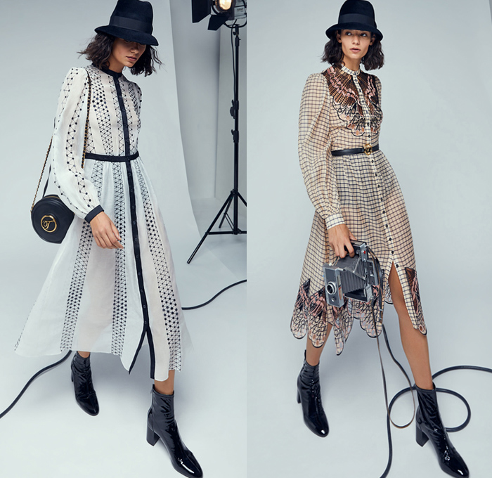 Temperley London 2021 Spring Summer Womens Lookbook Presentation - London Fashion Week Collections UK - Swinging Sixties 1960s Check Plaid Poncho Fedora Poufy Shoulders Blouse Ruffles Pantsuit Blazer Trench Coat Wide Leg Flare Denim Jeans Vest Crossbody Bag Lattice Graph Lace Embroidery Pussycat Bow Butterfly Wings Marble Resin Leopard Cheetah Bedazzled Sequins Sheer Tulle Chiffon Organza Flowers Floral Strapless Prairie Damsel Dress Halterneck Gown Boots Fedora
