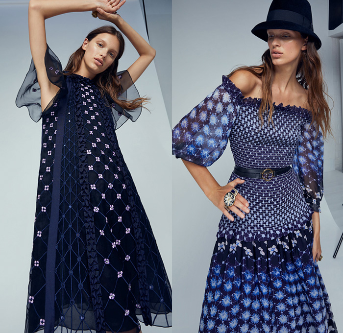 Temperley London 2021 Spring Summer Womens Lookbook Presentation - London Fashion Week Collections UK - Swinging Sixties 1960s Check Plaid Poncho Fedora Poufy Shoulders Blouse Ruffles Pantsuit Blazer Trench Coat Wide Leg Flare Denim Jeans Vest Crossbody Bag Lattice Graph Lace Embroidery Pussycat Bow Butterfly Wings Marble Resin Leopard Cheetah Bedazzled Sequins Sheer Tulle Chiffon Organza Flowers Floral Strapless Prairie Damsel Dress Halterneck Gown Boots Fedora