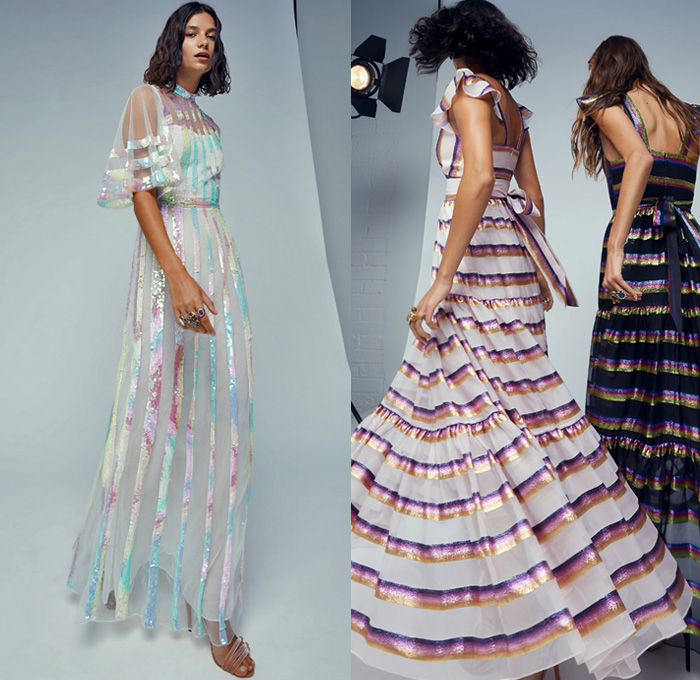 Temperley London 2021 Spring Summer Womens Lookbook Presentation - London Fashion Week Collections UK - Swinging Sixties 1960s Check Plaid Poncho Fedora Poufy Shoulders Blouse Ruffles Pantsuit Blazer Trench Coat Wide Leg Flare Denim Jeans Vest Crossbody Bag Lattice Graph Lace Embroidery Pussycat Bow Butterfly Wings Marble Resin Leopard Cheetah Bedazzled Sequins Sheer Tulle Chiffon Organza Flowers Floral Strapless Prairie Damsel Dress Halterneck Gown Boots Fedora