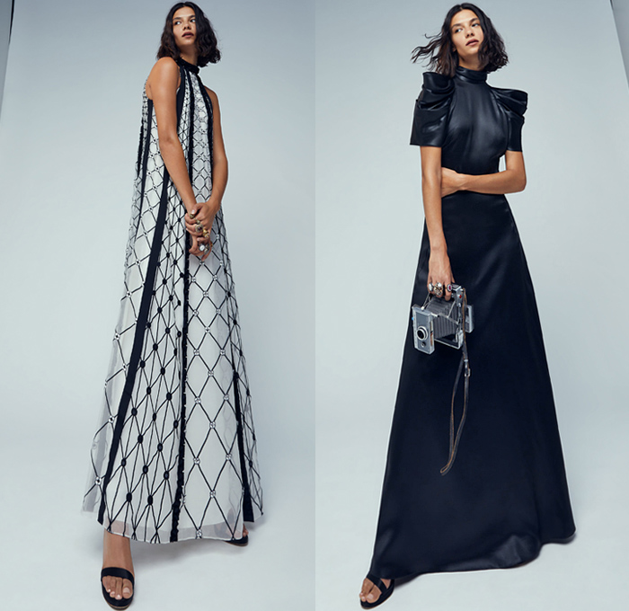 Temperley London 2021 Spring Summer Womens Lookbook Presentation - London Fashion Week Collections UK - Swinging Sixties 1960s Check Plaid Poncho Fedora Poufy Shoulders Blouse Ruffles Pantsuit Blazer Trench Coat Wide Leg Flare Denim Jeans Vest Crossbody Bag Lattice Graph Lace Embroidery Pussycat Bow Butterfly Wings Marble Resin Leopard Cheetah Bedazzled Sequins Sheer Tulle Chiffon Organza Flowers Floral Strapless Prairie Damsel Dress Halterneck Gown Boots Fedora