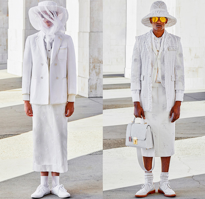 Thom Browne 2021 Spring Summer Mens Runway Looks Collection - Mode à Paris Fashion Week France - Olympics Lunar Games Seersucker Hand Embroidery Knit Intarsia Crochet Weave Cardigan Cashmere Tweed Pearls Adorned Suit Blazer Sack Coat Neck Tie Accordion Pleats Deconstructed Patchwork Preppy Sheer Tulle Beekeeper Sleeveless Vest Frayed Stripes Mesh Check Scarf Shirtdress Onesie Djellaba Manskirt Kilt Coatskirt Socks Brogues Aviator Sunglasses Boater Hat Dog Handbag Tote