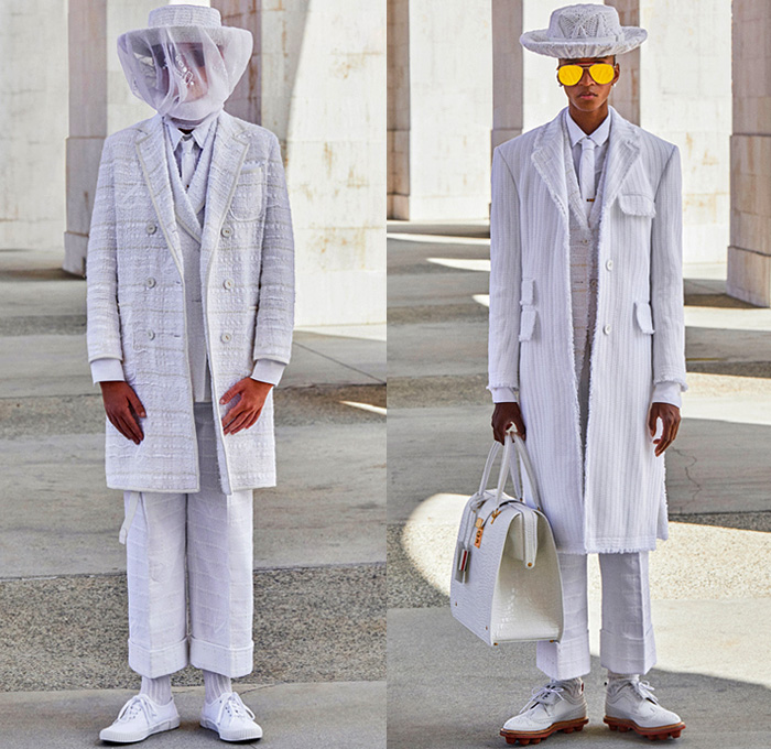 Thom Browne 2021 Spring Summer Mens Runway Looks Collection - Mode à Paris Fashion Week France - Olympics Lunar Games Seersucker Hand Embroidery Knit Intarsia Crochet Weave Cardigan Cashmere Tweed Pearls Adorned Suit Blazer Sack Coat Neck Tie Accordion Pleats Deconstructed Patchwork Preppy Sheer Tulle Beekeeper Sleeveless Vest Frayed Stripes Mesh Check Scarf Shirtdress Onesie Djellaba Manskirt Kilt Coatskirt Socks Brogues Aviator Sunglasses Boater Hat Dog Handbag Tote