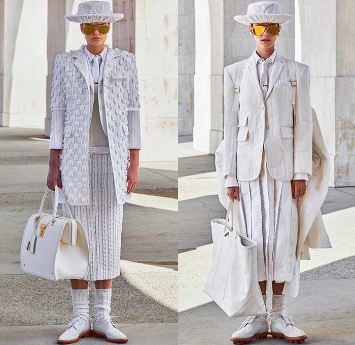 Thom Browne 2021 Spring Summer Womens Runway Catwalk Looks Collection - Olympics Lunar Games Seersucker Hand Embroidery Knit Intarsia Crochet Weave Cashmere Tweed Trompe L’oeil Ribbons Adorned Embellished Suit Blazer Sack Coat Neck Tie Accordion Pleats Straps Pencil Skirt Mesh Quilted Deconstructed Frayed Raw Hem Cutout Shoulders Sleeveless Blouse Tabard Pinafore Dress Wide Leg Cropped Pants Socks Brogues Aviator Sunglasses Boater Hat Handbag Tote