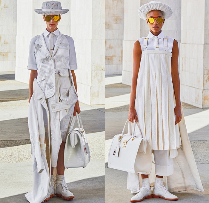 Thom Browne 2021 Spring Summer Womens Runway Catwalk Looks Collection - Olympics Lunar Games Seersucker Hand Embroidery Knit Intarsia Crochet Weave Cashmere Tweed Trompe L’oeil Ribbons Adorned Embellished Suit Blazer Sack Coat Neck Tie Accordion Pleats Straps Pencil Skirt Mesh Quilted Deconstructed Frayed Raw Hem Cutout Shoulders Sleeveless Blouse Tabard Pinafore Dress Wide Leg Cropped Pants Socks Brogues Aviator Sunglasses Boater Hat Handbag Tote