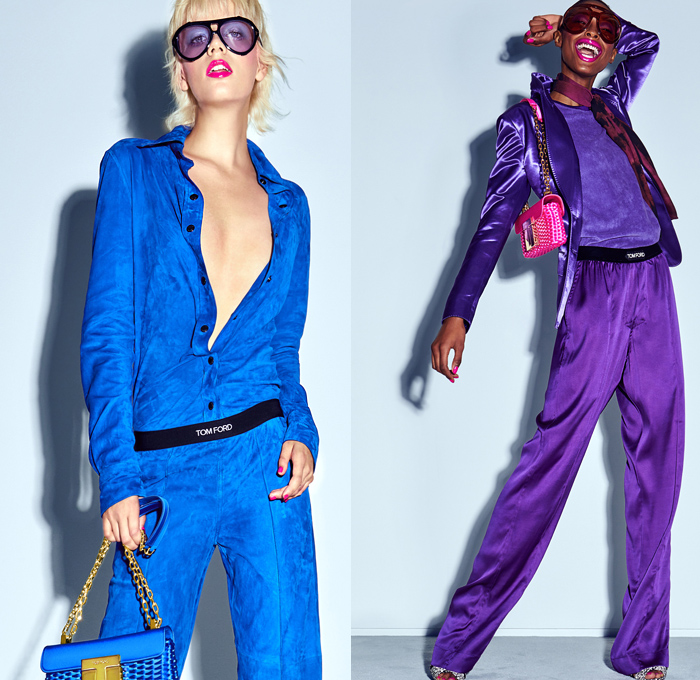 Tom Ford 2021 Spring Summer Womens Lookbook Presentation - New York Fashion Week NYFW - Long Sleeve Blouse Silk Satin Blazer Flowers Floral Zebra Animal Stripes Leopard Onesie Jumpsuit Coveralls Knit Crochet Bikini Maxi Dress Caftan Patchwork Colorblock Flames Sheer Tulle Fringes Tie-Dye Robe Wide Leg Flare Jogger Sweatpants Shorts Fishnet Stockings Sunglasses Crossbody Handbag