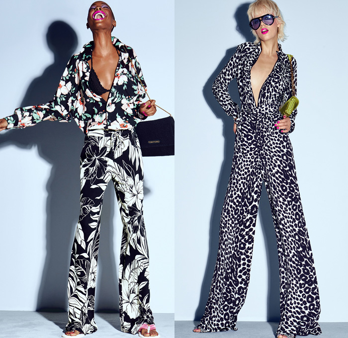 Tom Ford 2021 Spring Summer Womens Lookbook Presentation - New York Fashion Week NYFW - Long Sleeve Blouse Silk Satin Blazer Flowers Floral Zebra Animal Stripes Leopard Onesie Jumpsuit Coveralls Knit Crochet Bikini Maxi Dress Caftan Patchwork Colorblock Flames Sheer Tulle Fringes Tie-Dye Robe Wide Leg Flare Jogger Sweatpants Shorts Fishnet Stockings Sunglasses Crossbody Handbag