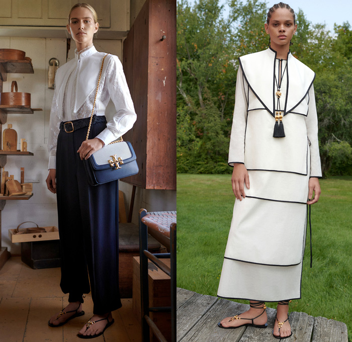 Tory Burch 2021 Spring Summer Womens Lookbook Presentation - New York Fashion Week NYFW - Hancock Shaker Village Amish Silk Linen Wool Crepe De Chine Organza Tunic Blouse Scarves Folk Art Bouclé Tweed Basketweave Voile Suede Jacket Loafer Pantsuit Pinstripe Colorblock T-Monogram Jacquard Tote Handbag Rattan Origami Shawl Tassels Bib Triangular Collar Prairie Dress Lace Embroidery Shirtdress Tied Hem Mesh Accordion Pleats Sequins Fringes Beads Tribal Knit Sweater Trench Coat Sandals