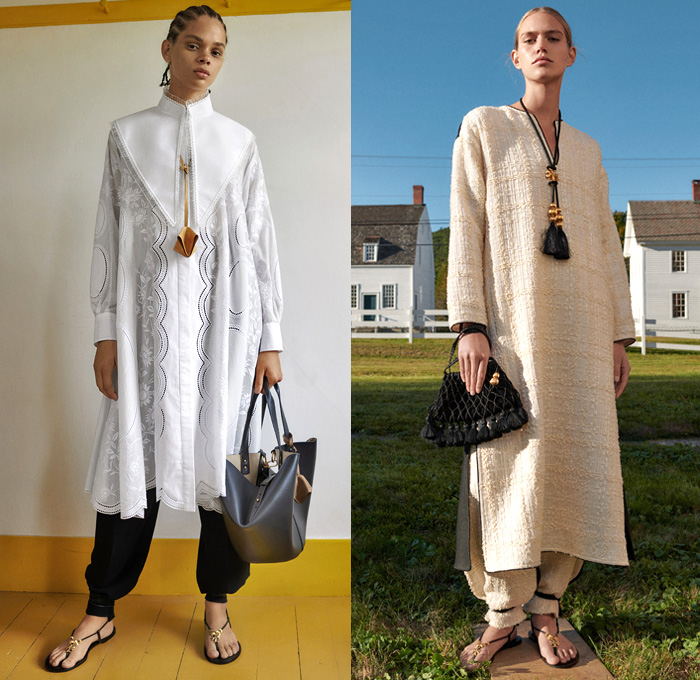 Tory Burch 2021 Spring Summer Womens Lookbook Presentation - New York Fashion Week NYFW - Hancock Shaker Village Amish Silk Linen Wool Crepe De Chine Organza Tunic Blouse Scarves Folk Art Bouclé Tweed Basketweave Voile Suede Jacket Loafer Pantsuit Pinstripe Colorblock T-Monogram Jacquard Tote Handbag Rattan Origami Shawl Tassels Bib Triangular Collar Prairie Dress Lace Embroidery Shirtdress Tied Hem Mesh Accordion Pleats Sequins Fringes Beads Tribal Knit Sweater Trench Coat Sandals