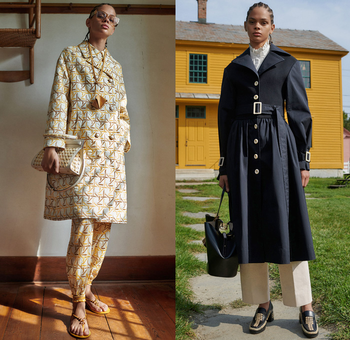 Tory Burch 2021 Spring Summer Womens Lookbook Presentation - New York Fashion Week NYFW - Hancock Shaker Village Amish Silk Linen Wool Crepe De Chine Organza Tunic Blouse Scarves Folk Art Bouclé Tweed Basketweave Voile Suede Jacket Loafer Pantsuit Pinstripe Colorblock T-Monogram Jacquard Tote Handbag Rattan Origami Shawl Tassels Bib Triangular Collar Prairie Dress Lace Embroidery Shirtdress Tied Hem Mesh Accordion Pleats Sequins Fringes Beads Tribal Knit Sweater Trench Coat Sandals