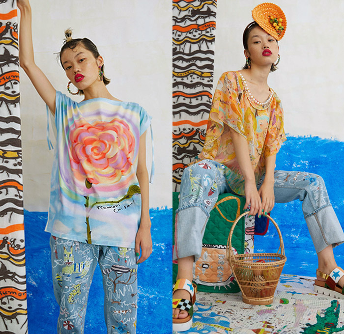 Tsumori Chisato 2021 Spring Summer Womens Lookbook Presentation - Cartoons Drawings Artwork Illustrations Dream Animals Wonderland Garden Knit Crochet Sweater Cardigan Blouse Denim Skirt Jeans Flowers Floral Socks Sandals Pearls Stripes Patchwork Embroidery Picnic Check Jumpsuit Coveralls Loungewear Sleepwear Shirtdress Oneise Djellaba Shift Dress Head Scarf Sunglasses Crocodile Watermelons Cheetah Lion Selfie Landscape Pleats Midi Skirt Draped Coat Knit Cap 