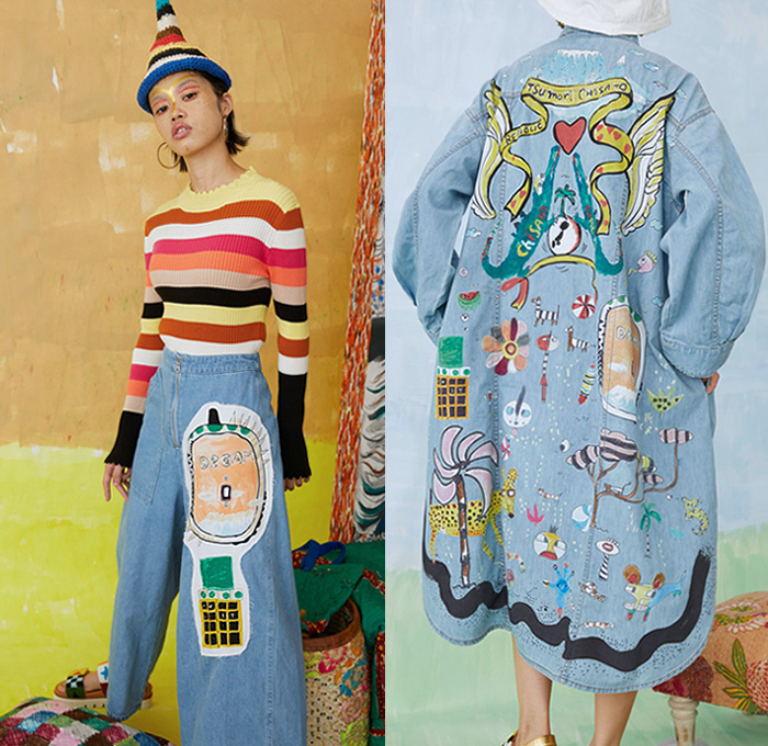 Tsumori Chisato 2021 Spring Summer Womens Lookbook Presentation - Cartoons Drawings Artwork Illustrations Dream Animals Wonderland Garden Knit Crochet Sweater Cardigan Blouse Denim Skirt Jeans Flowers Floral Socks Sandals Pearls Stripes Patchwork Embroidery Picnic Check Jumpsuit Coveralls Loungewear Sleepwear Shirtdress Oneise Djellaba Shift Dress Head Scarf Sunglasses Crocodile Watermelons Cheetah Lion Selfie Landscape Pleats Midi Skirt Draped Coat Knit Cap 