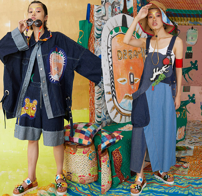 Tsumori Chisato 2021 Spring Summer Womens Lookbook Presentation - Cartoons Drawings Artwork Illustrations Dream Animals Wonderland Garden Knit Crochet Sweater Cardigan Blouse Denim Skirt Jeans Flowers Floral Socks Sandals Pearls Stripes Patchwork Embroidery Picnic Check Jumpsuit Coveralls Loungewear Sleepwear Shirtdress Oneise Djellaba Shift Dress Head Scarf Sunglasses Crocodile Watermelons Cheetah Lion Selfie Landscape Pleats Midi Skirt Draped Coat Knit Cap 