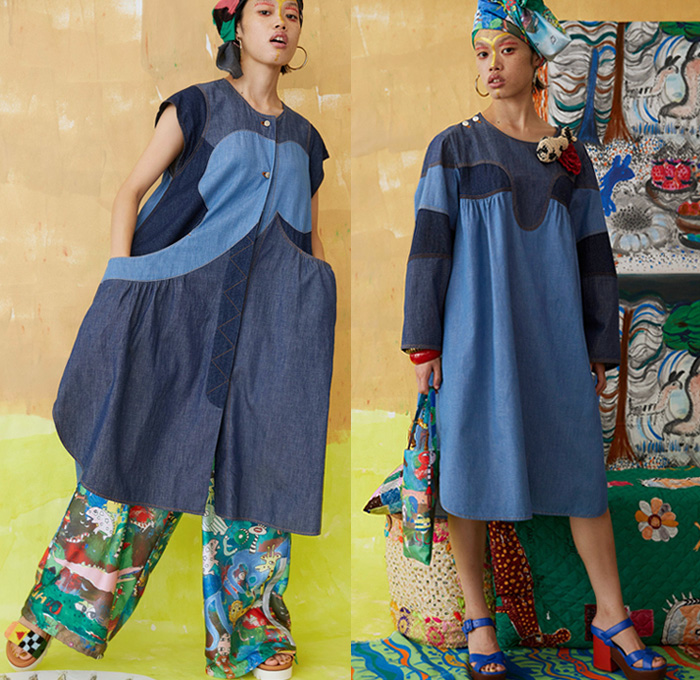 Tsumori Chisato 2021 Spring Summer Womens Lookbook Presentation - Cartoons Drawings Artwork Illustrations Dream Animals Wonderland Garden Knit Crochet Sweater Cardigan Blouse Denim Skirt Jeans Flowers Floral Socks Sandals Pearls Stripes Patchwork Embroidery Picnic Check Jumpsuit Coveralls Loungewear Sleepwear Shirtdress Oneise Djellaba Shift Dress Head Scarf Sunglasses Crocodile Watermelons Cheetah Lion Selfie Landscape Pleats Midi Skirt Draped Coat Knit Cap 