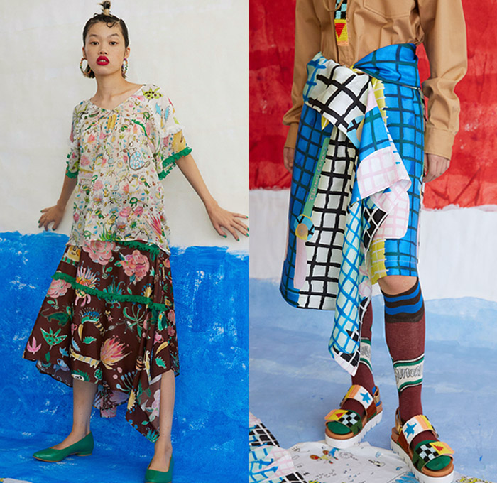 Tsumori Chisato 2021 Spring Summer Womens Lookbook Presentation - Cartoons Drawings Artwork Illustrations Dream Animals Wonderland Garden Knit Crochet Sweater Cardigan Blouse Denim Skirt Jeans Flowers Floral Socks Sandals Pearls Stripes Patchwork Embroidery Picnic Check Jumpsuit Coveralls Loungewear Sleepwear Shirtdress Oneise Djellaba Shift Dress Head Scarf Sunglasses Crocodile Watermelons Cheetah Lion Selfie Landscape Pleats Midi Skirt Draped Coat Knit Cap 