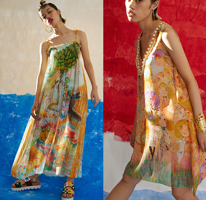 Tsumori Chisato 2021 Spring Summer Womens Lookbook Presentation - Cartoons Drawings Artwork Illustrations Dream Animals Wonderland Garden Knit Crochet Sweater Cardigan Blouse Denim Skirt Jeans Flowers Floral Socks Sandals Pearls Stripes Patchwork Embroidery Picnic Check Jumpsuit Coveralls Loungewear Sleepwear Shirtdress Oneise Djellaba Shift Dress Head Scarf Sunglasses Crocodile Watermelons Cheetah Lion Selfie Landscape Pleats Midi Skirt Draped Coat Knit Cap 