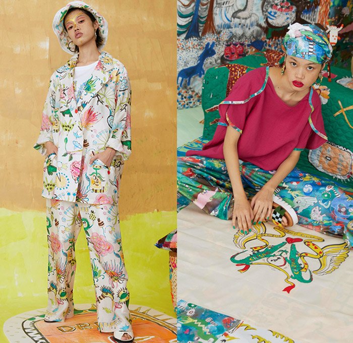 Tsumori Chisato 2021 Spring Summer Womens Lookbook Presentation - Cartoons Drawings Artwork Illustrations Dream Animals Wonderland Garden Knit Crochet Sweater Cardigan Blouse Denim Skirt Jeans Flowers Floral Socks Sandals Pearls Stripes Patchwork Embroidery Picnic Check Jumpsuit Coveralls Loungewear Sleepwear Shirtdress Oneise Djellaba Shift Dress Head Scarf Sunglasses Crocodile Watermelons Cheetah Lion Selfie Landscape Pleats Midi Skirt Draped Coat Knit Cap 