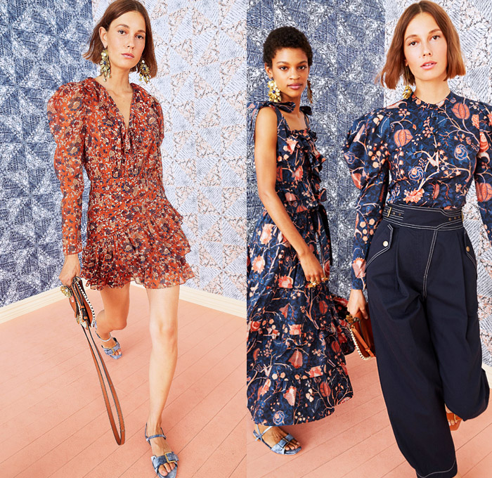 Ulla Johnson 2021 Resort Cruise Pre-Spring Womens Lookbook Presentation - Shibori Dye Ink Silk Taffeta Poufy Shoulders Puff Sleeves Tree of Life Marble Flowers Floral Leaves Foliage Plants Print Handwoven Raffia Leather Embroidery Uruguay Intarsia Knit Crochet Turtleneck Sweater Patchwork Prairie Peasant Babydoll Cross Wrap Dress Shorts Tiered Ruffles Blouse Onesie Romper Jumpsuit Coveralls Quilted Puffer Jacket Contrast Stitching Colored Denim Jeans Gladiator Straps Heels