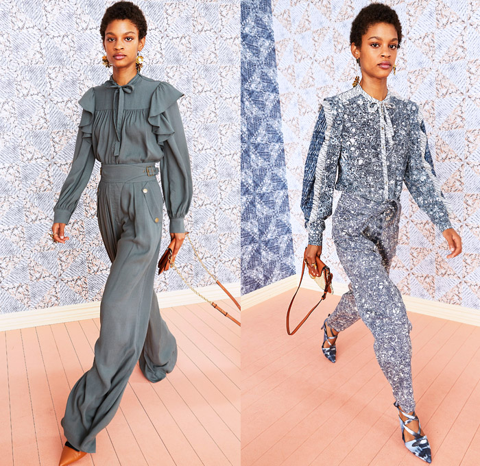 Ulla Johnson 2021 Resort Cruise Pre-Spring Womens Lookbook Presentation - Shibori Dye Ink Silk Taffeta Poufy Shoulders Puff Sleeves Tree of Life Marble Flowers Floral Leaves Foliage Plants Print Handwoven Raffia Leather Embroidery Uruguay Intarsia Knit Crochet Turtleneck Sweater Patchwork Prairie Peasant Babydoll Cross Wrap Dress Shorts Tiered Ruffles Blouse Onesie Romper Jumpsuit Coveralls Quilted Puffer Jacket Contrast Stitching Colored Denim Jeans Gladiator Straps Heels