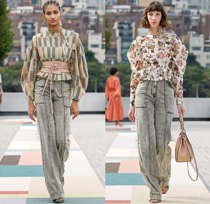 Ulla Johnson 2021 Spring Summer Womens Runway Catwalk Looks Collection - New York Fashion Week NYFW - Blouse Poufy Shoulders Puff Sleeves Lace Embroidery Eyelets Stonewashed Denim Jeans Tiered Ruffles Onesie Jumpsuit Coveralls Wide Belt Prairie Damsel Babydoll Dress Cross Wrap Cinch Knit Crochet Geometric Sweater Straps Strings Shorts Wide Leg Pants Basket Handbag Sandals Flowers Floral Headpiece