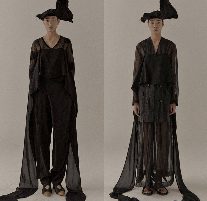 Uma Wang 2021 Spring Summer Womens Lookbook Presentation - Mode à Paris Fashion Week France - Sacred Truth of Old - Headwear Fringes Stripes Noodle Strap Bib Draped Frayed Raw Hem Sash Loungewear Slouchy Trench Coat Blazer Jacket Sheer Tulle Poufy Shoulders Puff Sleeves Wrapped Tied Knot Prairie Damsel Dress Skirt Leaves Foliage Stains Spots Wide Leg Palazzo Pants Sandals
