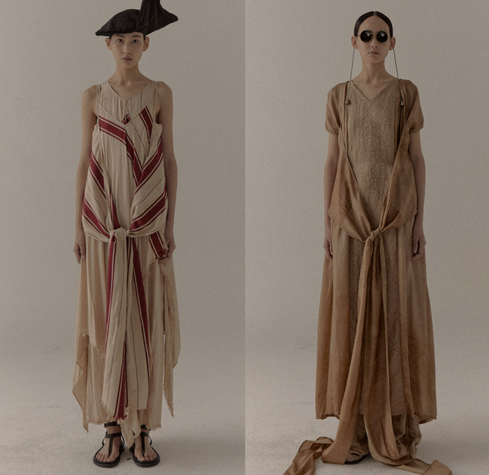 Uma Wang 2021 Spring Summer Womens Lookbook Presentation - Mode à Paris Fashion Week France - Sacred Truth of Old - Headwear Fringes Stripes Noodle Strap Bib Draped Frayed Raw Hem Sash Loungewear Slouchy Trench Coat Blazer Jacket Sheer Tulle Poufy Shoulders Puff Sleeves Wrapped Tied Knot Prairie Damsel Dress Skirt Leaves Foliage Stains Spots Wide Leg Palazzo Pants Sandals