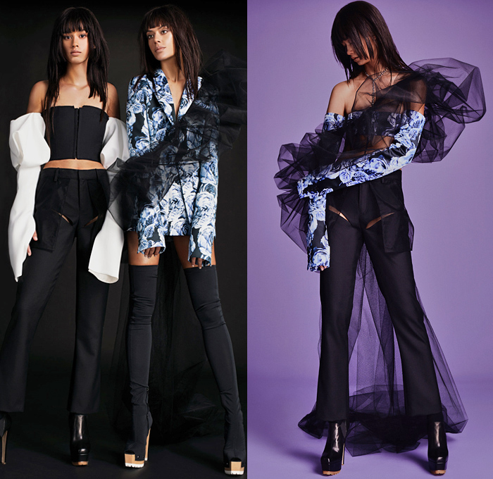 Vera Wang 2021 Spring Summer Womens Lookbook Presentation - Mixed Hybrid Bridal Wedding RTW Ready-to-Wear Flowers Floral Sheer Tulle Chiffon Mesh Noodle Strap Lace Embroidery Bedazzled Sequins Spangles Pearls Strapless Gown Sash Ribbon Voluminous Ruffles Wrap One Shoulder Poufy Puff Sleeves Draped Arm Warmers Blazer Jacket Intimates Opera Gloves Bustier Bodice Shapewear Thigh High Tights Leggings Patchwork Jeans Shorts Hotpants Miniskirt Feathers