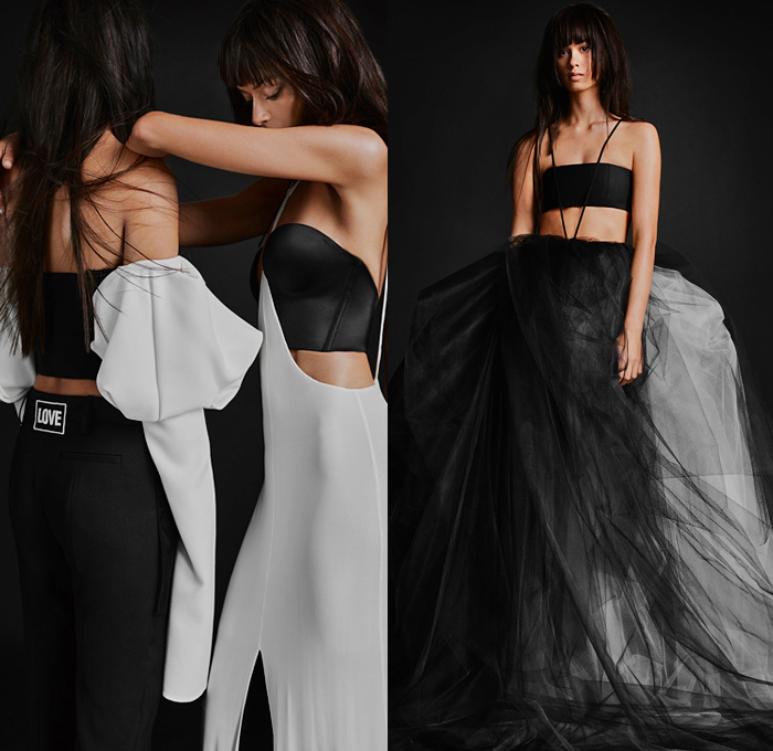 Vera Wang 2021 Spring Summer Womens Lookbook Presentation - Mixed Hybrid Bridal Wedding RTW Ready-to-Wear Flowers Floral Sheer Tulle Chiffon Mesh Noodle Strap Lace Embroidery Bedazzled Sequins Spangles Pearls Strapless Gown Sash Ribbon Voluminous Ruffles Wrap One Shoulder Poufy Puff Sleeves Draped Arm Warmers Blazer Jacket Intimates Opera Gloves Bustier Bodice Shapewear Thigh High Tights Leggings Patchwork Jeans Shorts Hotpants Miniskirt Feathers