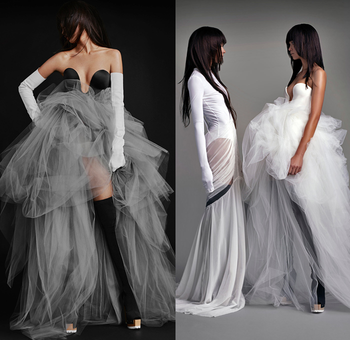 Vera Wang 2021 Spring Summer Womens Lookbook Presentation - Mixed Hybrid Bridal Wedding RTW Ready-to-Wear Flowers Floral Sheer Tulle Chiffon Mesh Noodle Strap Lace Embroidery Bedazzled Sequins Spangles Pearls Strapless Gown Sash Ribbon Voluminous Ruffles Wrap One Shoulder Poufy Puff Sleeves Draped Arm Warmers Blazer Jacket Intimates Opera Gloves Bustier Bodice Shapewear Thigh High Tights Leggings Patchwork Jeans Shorts Hotpants Miniskirt Feathers