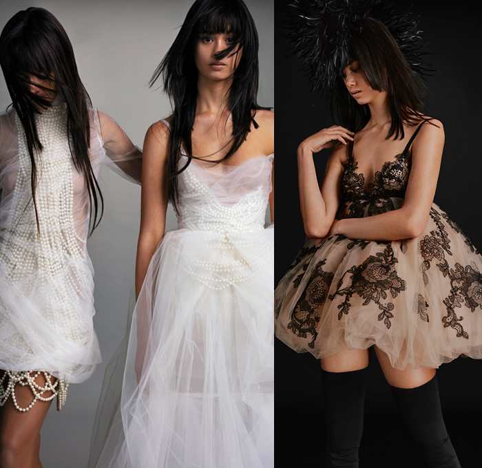 Vera Wang 2021 Spring Summer Womens Lookbook Presentation - Mixed Hybrid Bridal Wedding RTW Ready-to-Wear Flowers Floral Sheer Tulle Chiffon Mesh Noodle Strap Lace Embroidery Bedazzled Sequins Spangles Pearls Strapless Gown Sash Ribbon Voluminous Ruffles Wrap One Shoulder Poufy Puff Sleeves Draped Arm Warmers Blazer Jacket Intimates Opera Gloves Bustier Bodice Shapewear Thigh High Tights Leggings Patchwork Jeans Shorts Hotpants Miniskirt Feathers