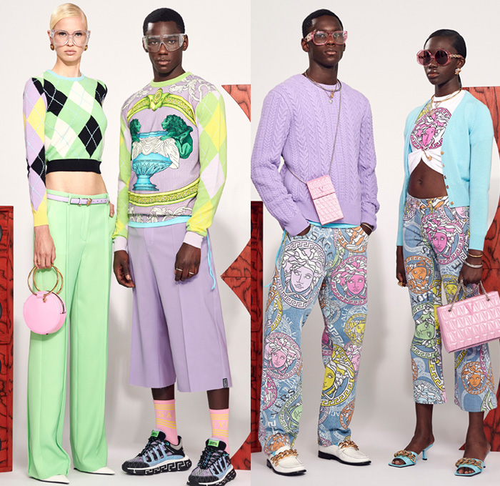 Versace Flash 2021 Resort Cruise Pre-Spring Womens Mens Lookbook Presentation - Neon Pastels Baroque Beats Argyle Check Crop Top Midriff Knit Sweater Cardigan Medusa Vase Shorts Culottes Lanyard Pouch Leopard Cheetah Patchwork Anorak Accordion Pleats Boxy Shoulders Shirtdress Fanny Pack Belt Bag Trainers Snakeskin Loops Rings Grommets Strapless Halterneck Dress Bedazzled Sequins Coat Blazer Moto Biker Jacket Leggings Tights Blouse Welding Glasses Miniskirt Bucket Hat Trackwear