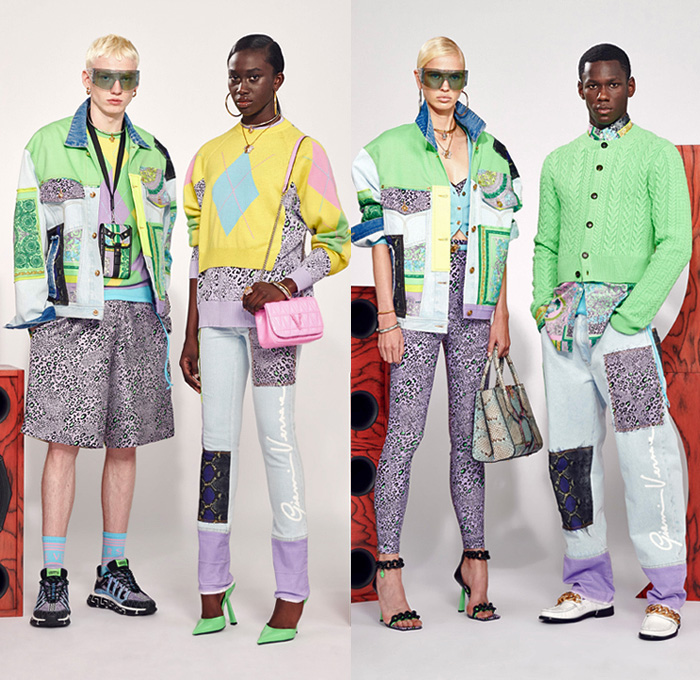 Versace Flash 2021 Resort Cruise Pre-Spring Womens Mens Lookbook Presentation - Neon Pastels Baroque Beats Argyle Check Crop Top Midriff Knit Sweater Cardigan Medusa Vase Shorts Culottes Lanyard Pouch Leopard Cheetah Patchwork Anorak Accordion Pleats Boxy Shoulders Shirtdress Fanny Pack Belt Bag Trainers Snakeskin Loops Rings Grommets Strapless Halterneck Dress Bedazzled Sequins Coat Blazer Moto Biker Jacket Leggings Tights Blouse Welding Glasses Miniskirt Bucket Hat Trackwear