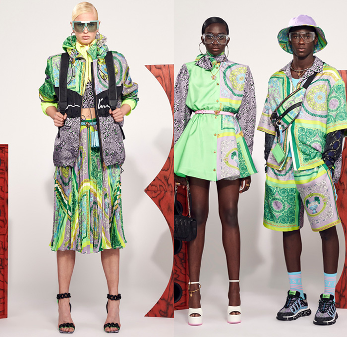 Versace Flash 2021 Resort Cruise Pre-Spring Womens Mens Lookbook Presentation - Neon Pastels Baroque Beats Argyle Check Crop Top Midriff Knit Sweater Cardigan Medusa Vase Shorts Culottes Lanyard Pouch Leopard Cheetah Patchwork Anorak Accordion Pleats Boxy Shoulders Shirtdress Fanny Pack Belt Bag Trainers Snakeskin Loops Rings Grommets Strapless Halterneck Dress Bedazzled Sequins Coat Blazer Moto Biker Jacket Leggings Tights Blouse Welding Glasses Miniskirt Bucket Hat Trackwear