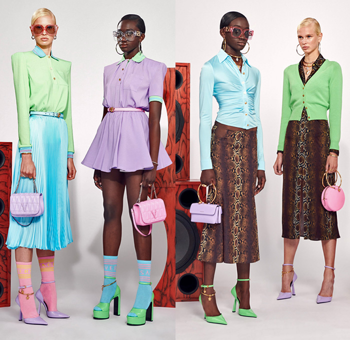 Versace Flash 2021 Resort Cruise Pre-Spring Womens Mens Lookbook Presentation - Neon Pastels Baroque Beats Argyle Check Crop Top Midriff Knit Sweater Cardigan Medusa Vase Shorts Culottes Lanyard Pouch Leopard Cheetah Patchwork Anorak Accordion Pleats Boxy Shoulders Shirtdress Fanny Pack Belt Bag Trainers Snakeskin Loops Rings Grommets Strapless Halterneck Dress Bedazzled Sequins Coat Blazer Moto Biker Jacket Leggings Tights Blouse Welding Glasses Miniskirt Bucket Hat Trackwear