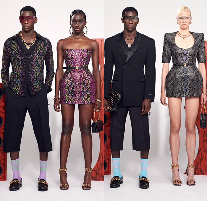 Versace Flash 2021 Resort Cruise Pre-Spring Womens Mens Lookbook Presentation - Neon Pastels Baroque Beats Argyle Check Crop Top Midriff Knit Sweater Cardigan Medusa Vase Shorts Culottes Lanyard Pouch Leopard Cheetah Patchwork Anorak Accordion Pleats Boxy Shoulders Shirtdress Fanny Pack Belt Bag Trainers Snakeskin Loops Rings Grommets Strapless Halterneck Dress Bedazzled Sequins Coat Blazer Moto Biker Jacket Leggings Tights Blouse Welding Glasses Miniskirt Bucket Hat Trackwear