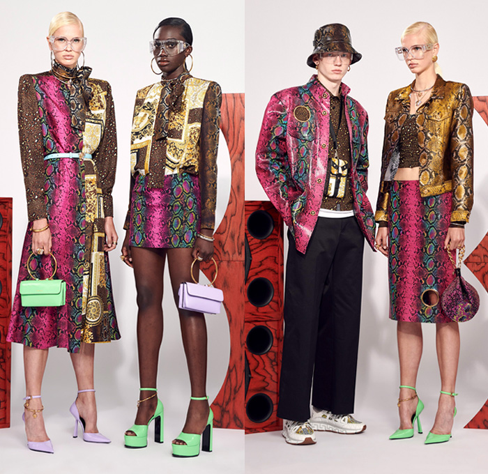 Versace Flash 2021 Resort Cruise Pre-Spring Womens Mens Lookbook Presentation - Neon Pastels Baroque Beats Argyle Check Crop Top Midriff Knit Sweater Cardigan Medusa Vase Shorts Culottes Lanyard Pouch Leopard Cheetah Patchwork Anorak Accordion Pleats Boxy Shoulders Shirtdress Fanny Pack Belt Bag Trainers Snakeskin Loops Rings Grommets Strapless Halterneck Dress Bedazzled Sequins Coat Blazer Moto Biker Jacket Leggings Tights Blouse Welding Glasses Miniskirt Bucket Hat Trackwear