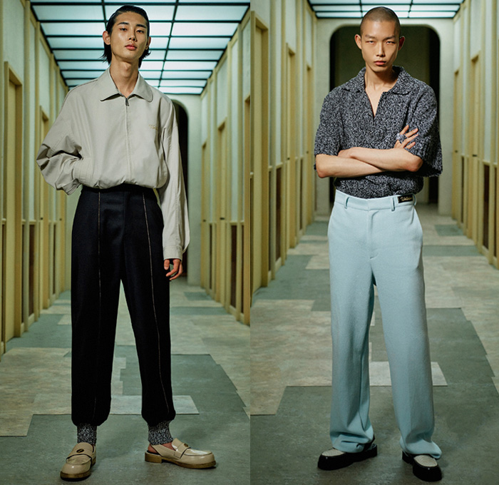 We11done 2021 Spring Summer Mens Lookbook Presentation - Jessica Jung Dami Kwon - Loungewear Pajamas Sleepwear Wide Sleeves Bomber Coat Jacket Oversized Long Sleeve Stripes Shirt Knit Mesh Holes Turtleneck Sweater Patchwork Panels Painting Watercolor Vest Waistcoat Suit Blazer Jogger Sweatpants Hem Slouchy Pants Worker Denim Jeans Embroidery Knot Shorts Clogs Loafers Slippers