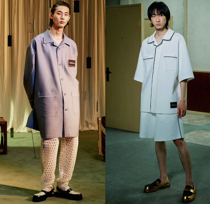 We11done 2021 Spring Summer Mens Lookbook Presentation - Jessica Jung Dami Kwon - Loungewear Pajamas Sleepwear Wide Sleeves Bomber Coat Jacket Oversized Long Sleeve Stripes Shirt Knit Mesh Holes Turtleneck Sweater Patchwork Panels Painting Watercolor Vest Waistcoat Suit Blazer Jogger Sweatpants Hem Slouchy Pants Worker Denim Jeans Embroidery Knot Shorts Clogs Loafers Slippers