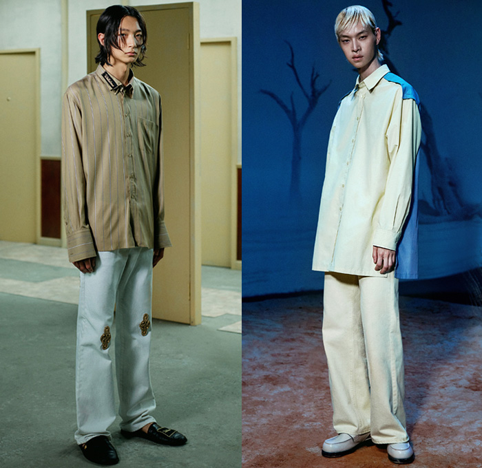 We11done 2021 Spring Summer Mens Lookbook Presentation - Jessica Jung Dami Kwon - Loungewear Pajamas Sleepwear Wide Sleeves Bomber Coat Jacket Oversized Long Sleeve Stripes Shirt Knit Mesh Holes Turtleneck Sweater Patchwork Panels Painting Watercolor Vest Waistcoat Suit Blazer Jogger Sweatpants Hem Slouchy Pants Worker Denim Jeans Embroidery Knot Shorts Clogs Loafers Slippers