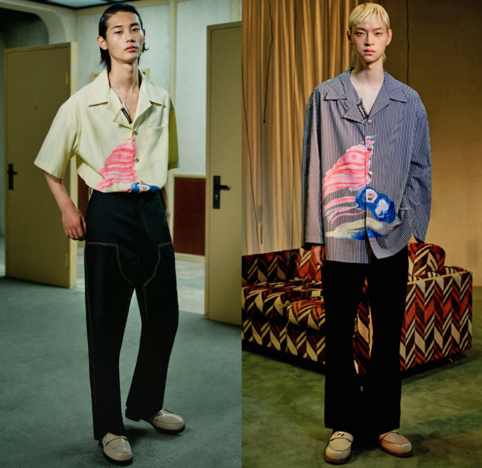 We11done 2021 Spring Summer Mens Lookbook Presentation - Jessica Jung Dami Kwon - Loungewear Pajamas Sleepwear Wide Sleeves Bomber Coat Jacket Oversized Long Sleeve Stripes Shirt Knit Mesh Holes Turtleneck Sweater Patchwork Panels Painting Watercolor Vest Waistcoat Suit Blazer Jogger Sweatpants Hem Slouchy Pants Worker Denim Jeans Embroidery Knot Shorts Clogs Loafers Slippers