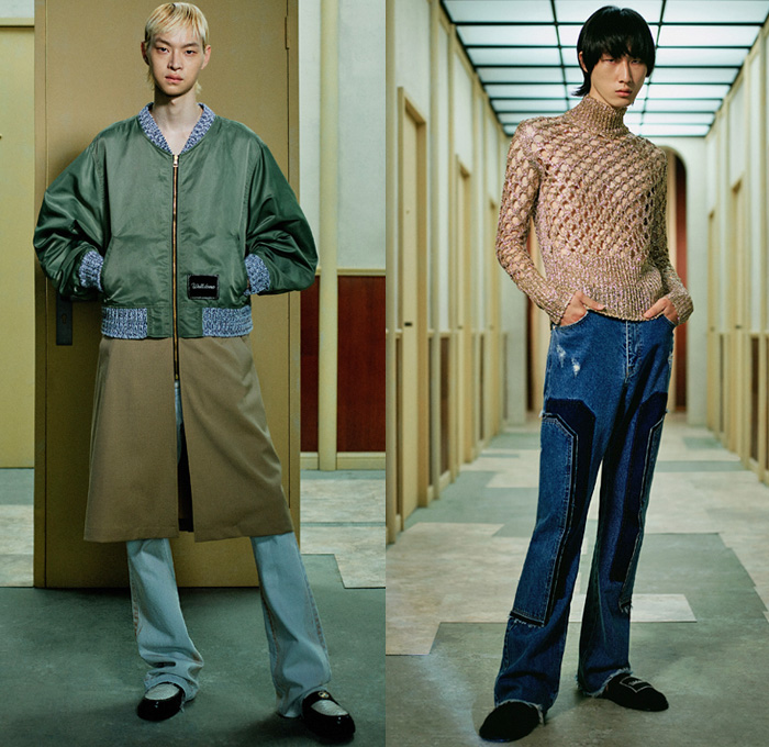 We11done 2021 Spring Summer Mens Lookbook Presentation - Jessica Jung Dami Kwon - Loungewear Pajamas Sleepwear Wide Sleeves Bomber Coat Jacket Oversized Long Sleeve Stripes Shirt Knit Mesh Holes Turtleneck Sweater Patchwork Panels Painting Watercolor Vest Waistcoat Suit Blazer Jogger Sweatpants Hem Slouchy Pants Worker Denim Jeans Embroidery Knot Shorts Clogs Loafers Slippers