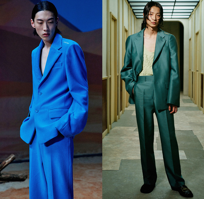 We11done 2021 Spring Summer Mens Lookbook Presentation - Jessica Jung Dami Kwon - Loungewear Pajamas Sleepwear Wide Sleeves Bomber Coat Jacket Oversized Long Sleeve Stripes Shirt Knit Mesh Holes Turtleneck Sweater Patchwork Panels Painting Watercolor Vest Waistcoat Suit Blazer Jogger Sweatpants Hem Slouchy Pants Worker Denim Jeans Embroidery Knot Shorts Clogs Loafers Slippers