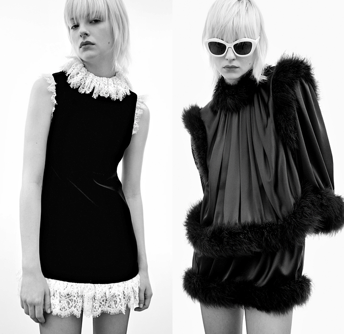 Saint Laurent 2021 Resort Cruise Pre-Spring Womens Lookbook Presentation - Anthony Vaccarello - Armor Collar Flowers Floral Bedazzled Sequins Paillettes Crystals Studs Lace Mesh Embroidery Turtleneck Ruffles Velvet Feathers Babydoll Strapless One Shoulder Dress Nightgown Lingerie Intimates Camisole Silk Satin Cinch Polka Dots Leopard Noodle Strap Pussycat Bow Blouse Knit Cardigan Fur Blazer Biker Jacket Trench Coat Tweed Pleats Cherries Mini Micro Shorts Hotpants Panties Denim Jeans Bag