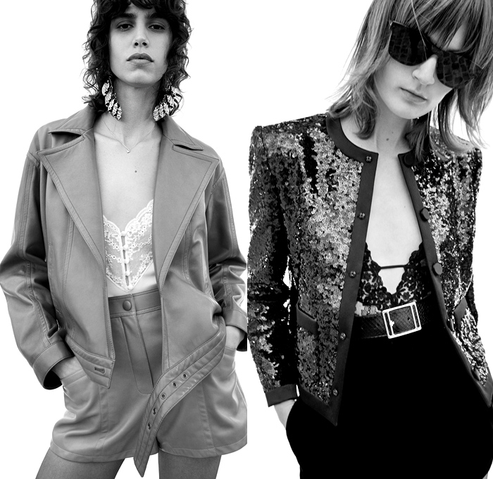 Saint Laurent 2021 Resort Cruise Pre-Spring Womens Lookbook Presentation - Anthony Vaccarello - Armor Collar Flowers Floral Bedazzled Sequins Paillettes Crystals Studs Lace Mesh Embroidery Turtleneck Ruffles Velvet Feathers Babydoll Strapless One Shoulder Dress Nightgown Lingerie Intimates Camisole Silk Satin Cinch Polka Dots Leopard Noodle Strap Pussycat Bow Blouse Knit Cardigan Fur Blazer Biker Jacket Trench Coat Tweed Pleats Cherries Mini Micro Shorts Hotpants Panties Denim Jeans Bag