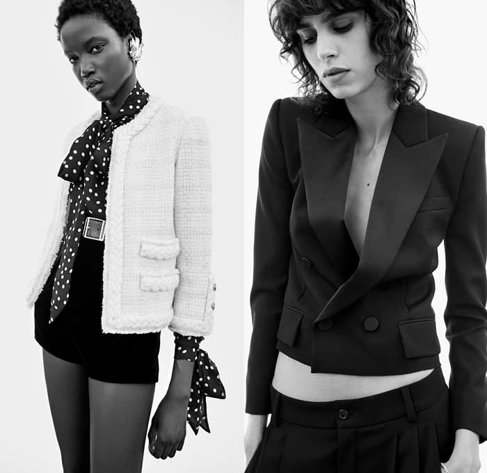 Saint Laurent 2021 Resort Cruise Pre-Spring Womens Lookbook Presentation - Anthony Vaccarello - Armor Collar Flowers Floral Bedazzled Sequins Paillettes Crystals Studs Lace Mesh Embroidery Turtleneck Ruffles Velvet Feathers Babydoll Strapless One Shoulder Dress Nightgown Lingerie Intimates Camisole Silk Satin Cinch Polka Dots Leopard Noodle Strap Pussycat Bow Blouse Knit Cardigan Fur Blazer Biker Jacket Trench Coat Tweed Pleats Cherries Mini Micro Shorts Hotpants Panties Denim Jeans Bag