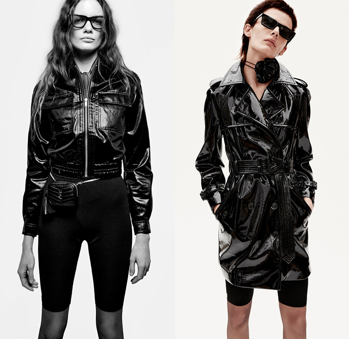 Saint Laurent 2021 Spring Summer Womens Lookbook - Turtleneck Sheer Tulle Chiffon Blouse PVC Vinyl Trench Coat Aviator Jacketdress Pinstripe Blazer Lace Embroidery Lingerie Pantsuit Tweed Scarf Ribbed Knit Bedazzled Sequins Onesie Romper Combishorts Jumpsuit Coveralls Strapless Bird Feathers Plumage Pussycat Bow Cape Poncho Dress Ruffles Flowers Floral Bell Sleeves Fur Chain Halterneck Cycling Bike Compression Shorts Hotpants Panties Tights Leggings Fanny Pack Pouch Belt Bum Bag 