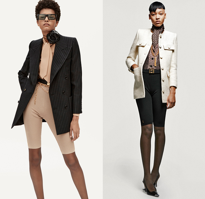 Saint Laurent 2021 Spring Summer Womens Lookbook - Turtleneck Sheer Tulle Chiffon Blouse PVC Vinyl Trench Coat Aviator Jacketdress Pinstripe Blazer Lace Embroidery Lingerie Pantsuit Tweed Scarf Ribbed Knit Bedazzled Sequins Onesie Romper Combishorts Jumpsuit Coveralls Strapless Bird Feathers Plumage Pussycat Bow Cape Poncho Dress Ruffles Flowers Floral Bell Sleeves Fur Chain Halterneck Cycling Bike Compression Shorts Hotpants Panties Tights Leggings Fanny Pack Pouch Belt Bum Bag 