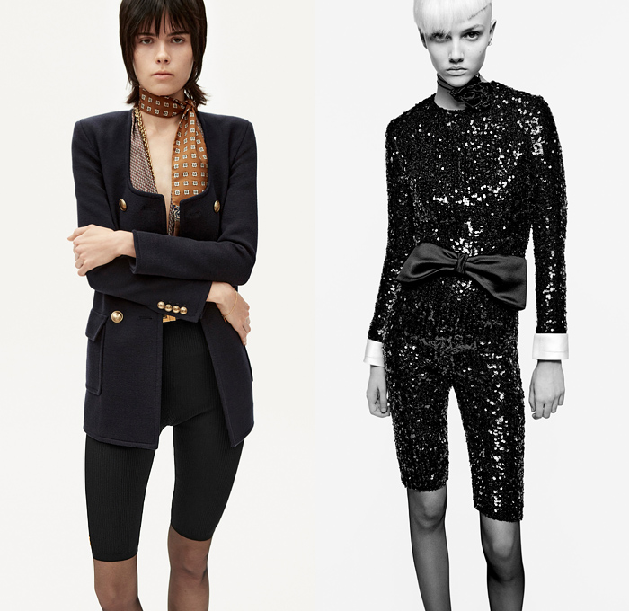 Saint Laurent 2021 Spring Summer Womens Lookbook - Turtleneck Sheer Tulle Chiffon Blouse PVC Vinyl Trench Coat Aviator Jacketdress Pinstripe Blazer Lace Embroidery Lingerie Pantsuit Tweed Scarf Ribbed Knit Bedazzled Sequins Onesie Romper Combishorts Jumpsuit Coveralls Strapless Bird Feathers Plumage Pussycat Bow Cape Poncho Dress Ruffles Flowers Floral Bell Sleeves Fur Chain Halterneck Cycling Bike Compression Shorts Hotpants Panties Tights Leggings Fanny Pack Pouch Belt Bum Bag 